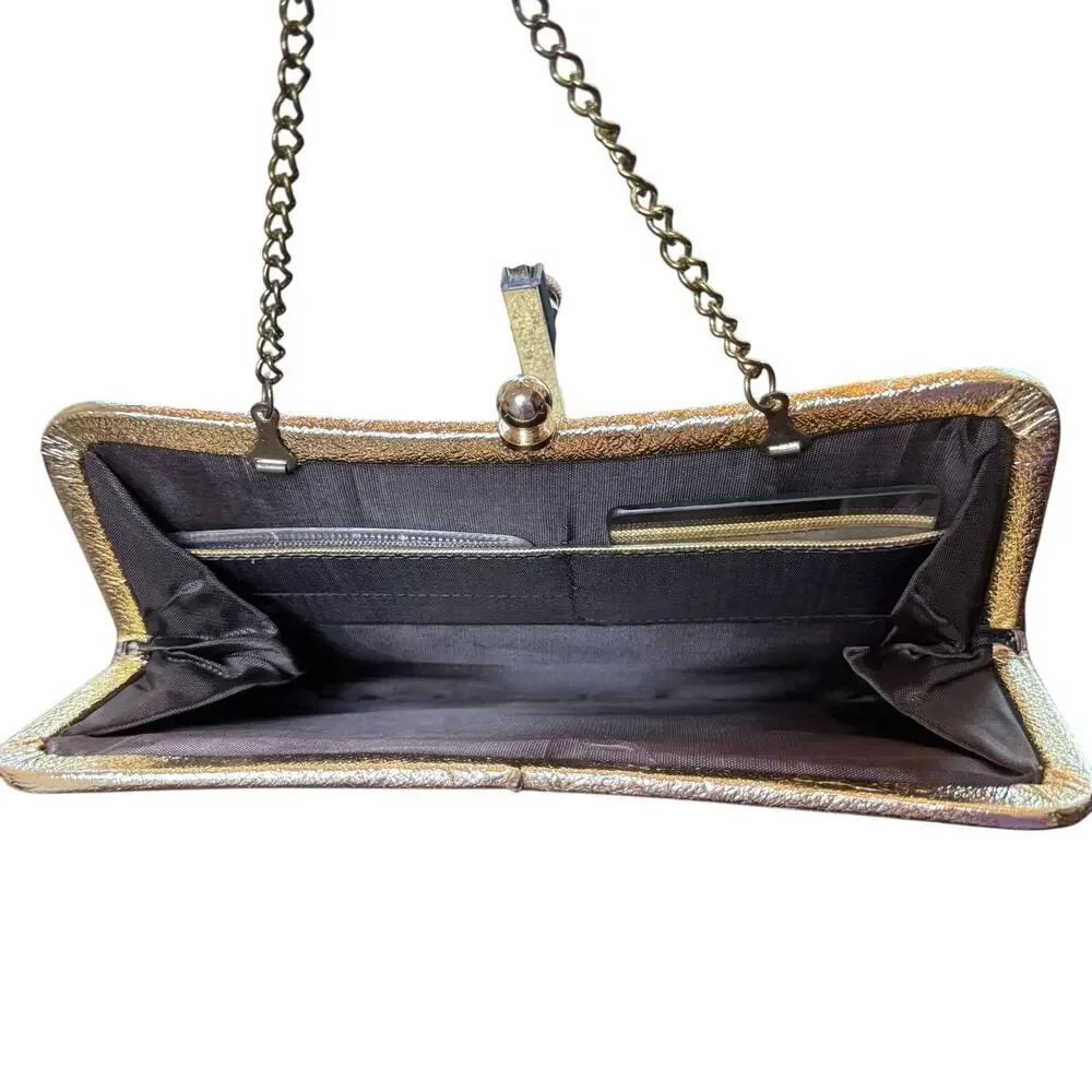 Vintage 1960's Gold Crinkle Metallic‎ Clutch Convertible Evening Handbag